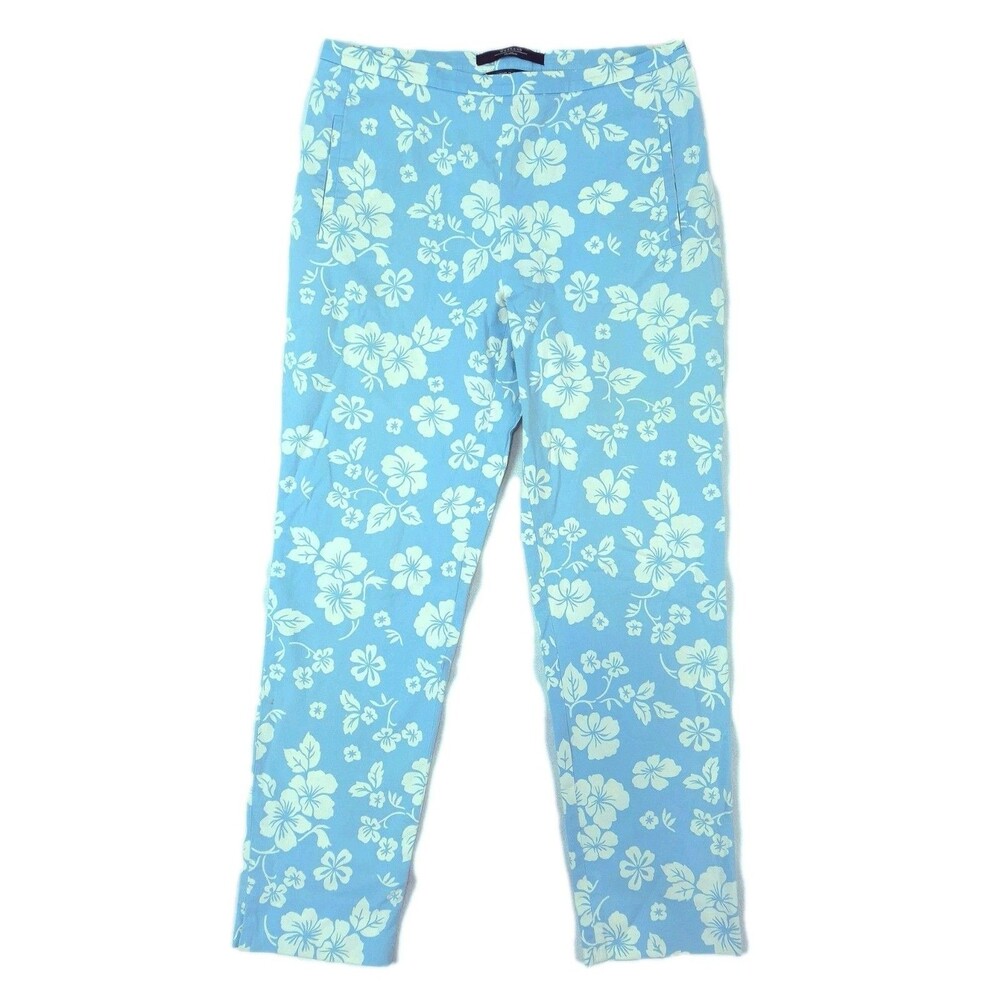 MaxMara Weekend Floral Pants 12 Straight Leg Blue White Designer Casual Resort